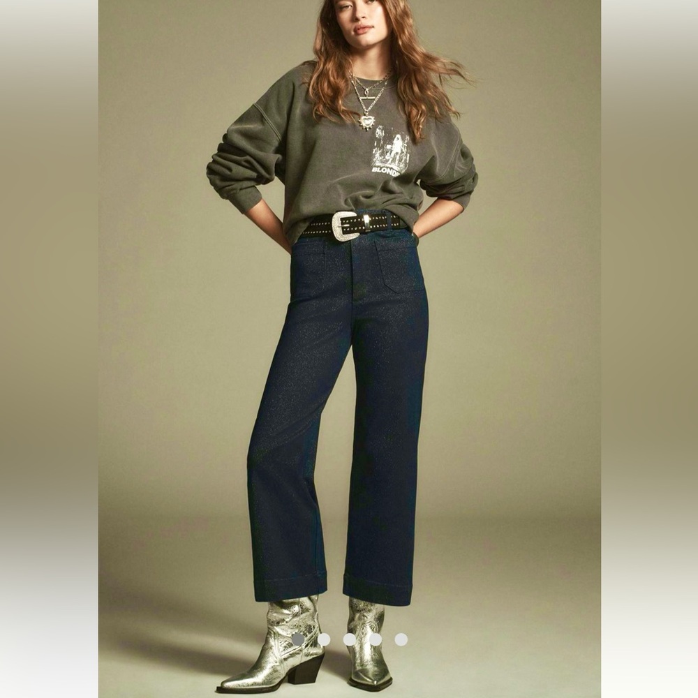 ✨Anthropologie Maeve “The Colette” High Rise Cropped Wide-Leg Sparkly Jeans💖